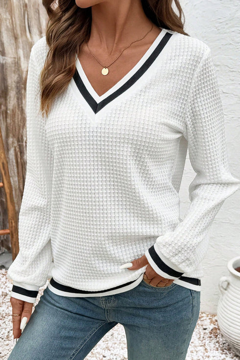 Preppy Waffle Knit V Neck Striped Trim Long Sleeve Top